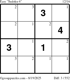 The grouppuzzles.com Easy Sudoku-4 puzzle for Tuesday August 19, 2025 with the first 3 steps marked
