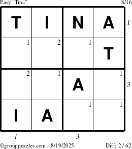 The grouppuzzles.com Easy Tina puzzle for Tuesday August 19, 2025 with all 2 steps marked