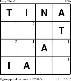 The grouppuzzles.com Easy Tina puzzle for Tuesday August 19, 2025 with the first 2 steps marked