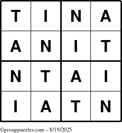 The grouppuzzles.com Answer grid for the Tina puzzle for Tuesday August 19, 2025