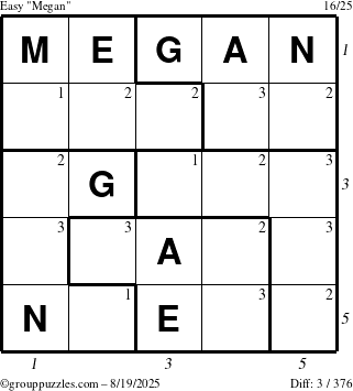 The grouppuzzles.com Easy Megan puzzle for Tuesday August 19, 2025 with all 3 steps marked