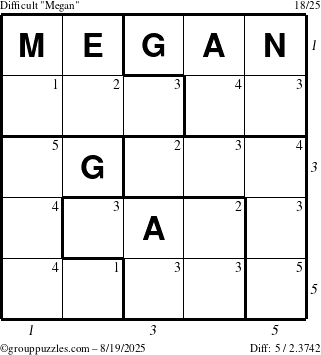 The grouppuzzles.com Difficult Megan puzzle for Tuesday August 19, 2025 with all 5 steps marked