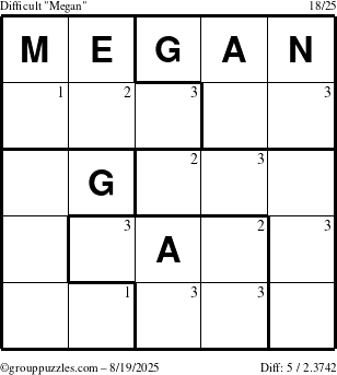 The grouppuzzles.com Difficult Megan puzzle for Tuesday August 19, 2025 with the first 3 steps marked