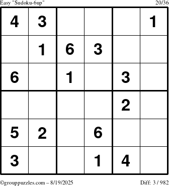 The grouppuzzles.com Easy Sudoku-6up puzzle for Tuesday August 19, 2025