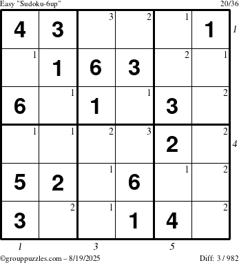 The grouppuzzles.com Easy Sudoku-6up puzzle for Tuesday August 19, 2025 with all 3 steps marked