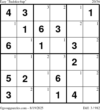 The grouppuzzles.com Easy Sudoku-6up puzzle for Tuesday August 19, 2025 with the first 3 steps marked