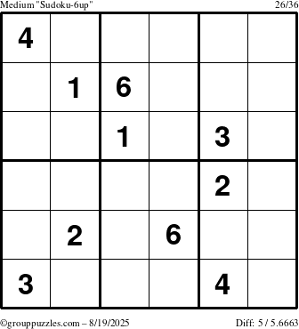 The grouppuzzles.com Medium Sudoku-6up puzzle for Tuesday August 19, 2025
