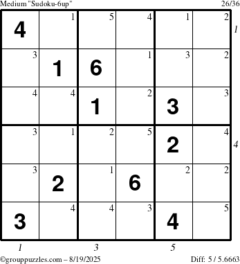 The grouppuzzles.com Medium Sudoku-6up puzzle for Tuesday August 19, 2025 with all 5 steps marked