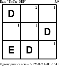 The grouppuzzles.com Easy TicTac-DEF puzzle for Tuesday August 19, 2025 with the first 2 steps marked