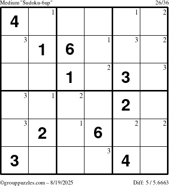 The grouppuzzles.com Medium Sudoku-6up puzzle for Tuesday August 19, 2025 with the first 3 steps marked