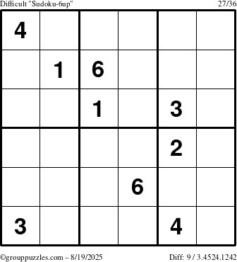 The grouppuzzles.com Difficult Sudoku-6up puzzle for Tuesday August 19, 2025