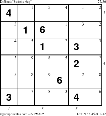 The grouppuzzles.com Difficult Sudoku-6up puzzle for Tuesday August 19, 2025 with all 9 steps marked