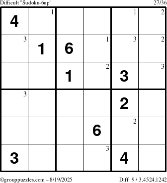 The grouppuzzles.com Difficult Sudoku-6up puzzle for Tuesday August 19, 2025 with the first 3 steps marked