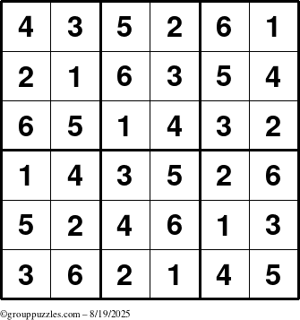 The grouppuzzles.com Answer grid for the Sudoku-6up puzzle for Tuesday August 19, 2025