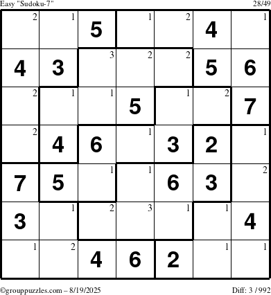 The grouppuzzles.com Easy Sudoku-7 puzzle for Tuesday August 19, 2025 with the first 3 steps marked