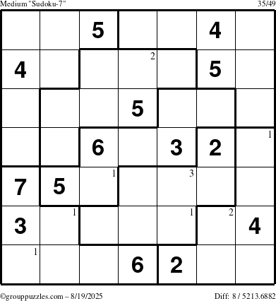 The grouppuzzles.com Medium Sudoku-7 puzzle for Tuesday August 19, 2025 with the first 3 steps marked