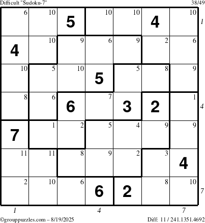 The grouppuzzles.com Difficult Sudoku-7 puzzle for Tuesday August 19, 2025 with all 11 steps marked
