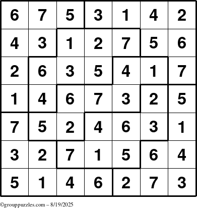 The grouppuzzles.com Answer grid for the Sudoku-7 puzzle for Tuesday August 19, 2025