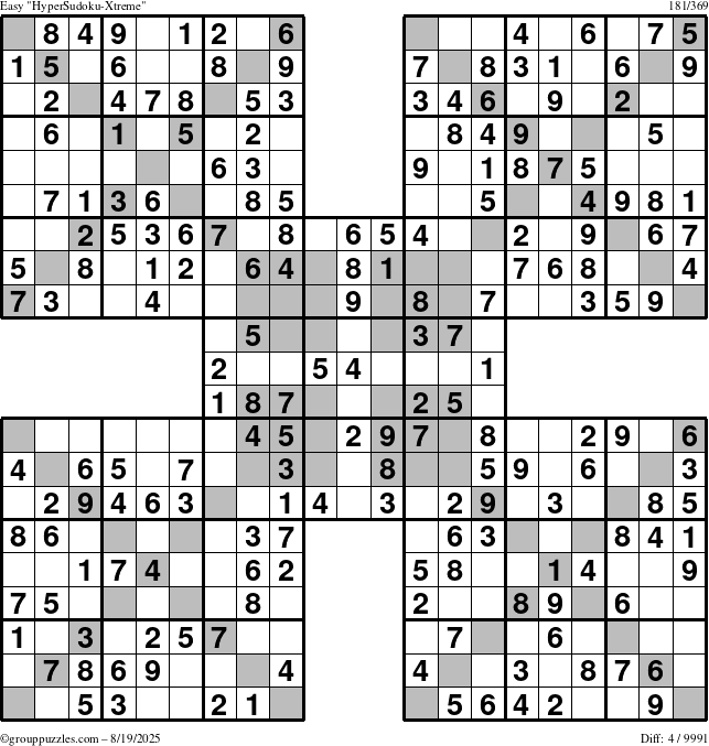 The grouppuzzles.com Easy HyperSudoku-Xtreme puzzle for Tuesday August 19, 2025