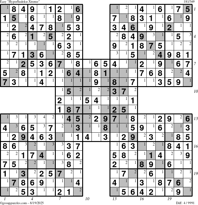 The grouppuzzles.com Easy HyperSudoku-Xtreme puzzle for Tuesday August 19, 2025 with all 4 steps marked