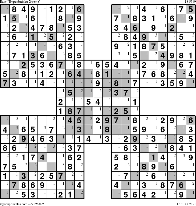 The grouppuzzles.com Easy HyperSudoku-Xtreme puzzle for Tuesday August 19, 2025 with the first 3 steps marked