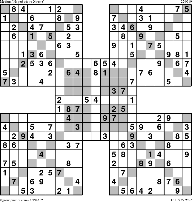 The grouppuzzles.com Medium HyperSudoku-Xtreme puzzle for Tuesday August 19, 2025