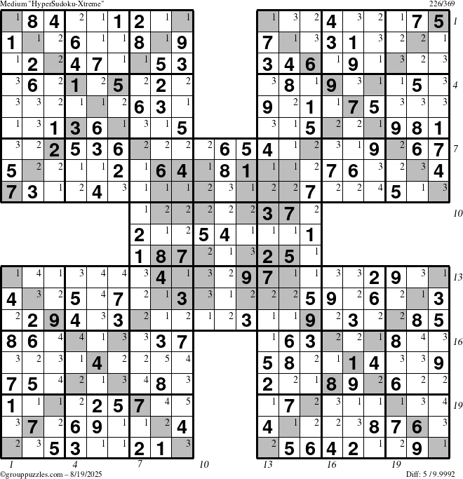 The grouppuzzles.com Medium HyperSudoku-Xtreme puzzle for Tuesday August 19, 2025 with all 5 steps marked
