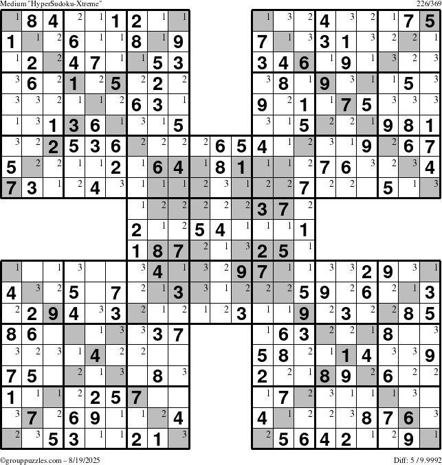 The grouppuzzles.com Medium HyperSudoku-Xtreme puzzle for Tuesday August 19, 2025 with the first 3 steps marked