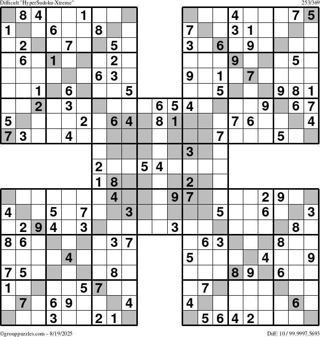 The grouppuzzles.com Difficult HyperSudoku-Xtreme puzzle for Tuesday August 19, 2025