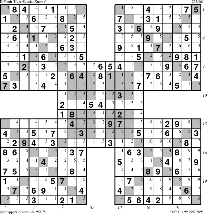 The grouppuzzles.com Difficult HyperSudoku-Xtreme puzzle for Tuesday August 19, 2025 with all 10 steps marked