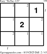 The grouppuzzles.com Easy TicTac-123 puzzle for Tuesday August 19, 2025 with all 2 steps marked