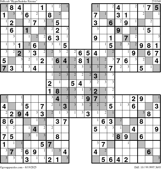The grouppuzzles.com Difficult HyperSudoku-Xtreme puzzle for Tuesday August 19, 2025 with the first 3 steps marked