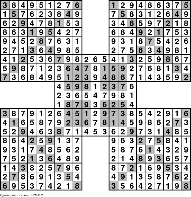 The grouppuzzles.com Answer grid for the HyperSudoku-Xtreme puzzle for Tuesday August 19, 2025
