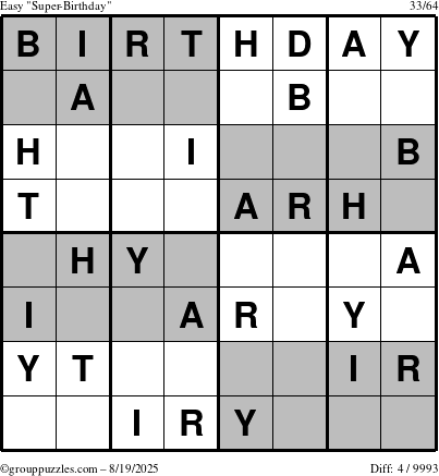 The grouppuzzles.com Easy Super-Birthday puzzle for Tuesday August 19, 2025