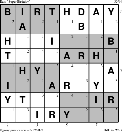 The grouppuzzles.com Easy Super-Birthday puzzle for Tuesday August 19, 2025 with all 4 steps marked