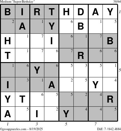 The grouppuzzles.com Medium Super-Birthday puzzle for Tuesday August 19, 2025 with all 7 steps marked