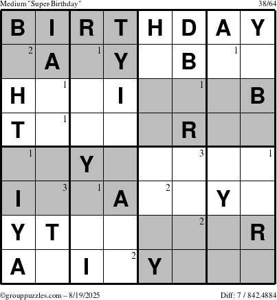 The grouppuzzles.com Medium Super-Birthday puzzle for Tuesday August 19, 2025 with the first 3 steps marked