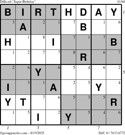 The grouppuzzles.com Difficult Super-Birthday puzzle for Tuesday August 19, 2025 with all 8 steps marked