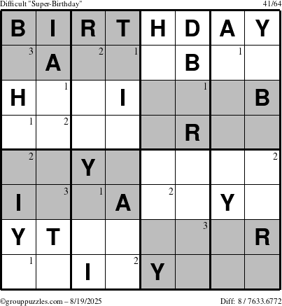 The grouppuzzles.com Difficult Super-Birthday puzzle for Tuesday August 19, 2025 with the first 3 steps marked