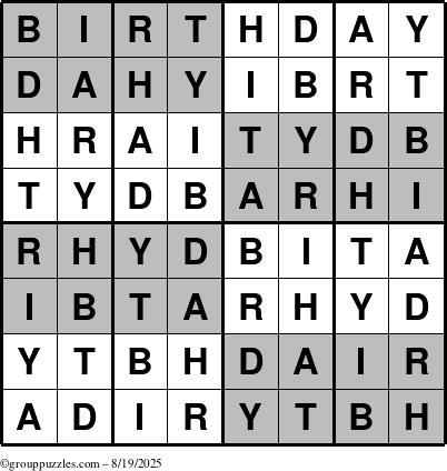The grouppuzzles.com Answer grid for the Super-Birthday puzzle for Tuesday August 19, 2025