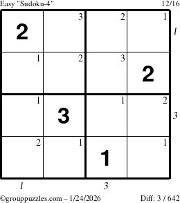 The grouppuzzles.com Easy Sudoku-4 puzzle for Saturday January 24, 2026, suitable for printing, with all 3 steps marked