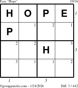 The grouppuzzles.com Easy Hope puzzle for Saturday January 24, 2026, suitable for printing, with all 3 steps marked