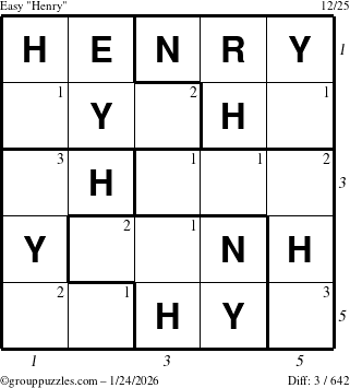 The grouppuzzles.com Easy Henry puzzle for Saturday January 24, 2026 with all 3 steps marked