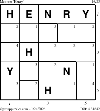 The grouppuzzles.com Medium Henry puzzle for Saturday January 24, 2026, suitable for printing, with all 4 steps marked