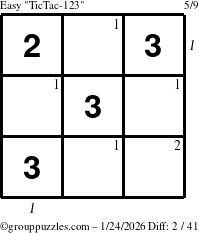The grouppuzzles.com Easy TicTac-123 puzzle for Saturday January 24, 2026, suitable for printing, with all 2 steps marked