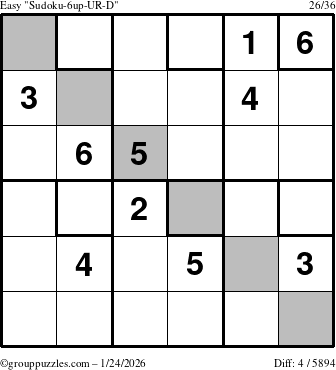 The grouppuzzles.com Easy Sudoku-6up-UR-D puzzle for Saturday January 24, 2026