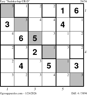 The grouppuzzles.com Easy Sudoku-6up-UR-D puzzle for Saturday January 24, 2026, suitable for printing, with all 4 steps marked