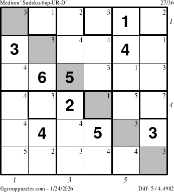 The grouppuzzles.com Medium Sudoku-6up-UR-D puzzle for Saturday January 24, 2026 with all 5 steps marked