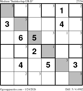 The grouppuzzles.com Medium Sudoku-6up-UR-D puzzle for Saturday January 24, 2026 with the first 3 steps marked