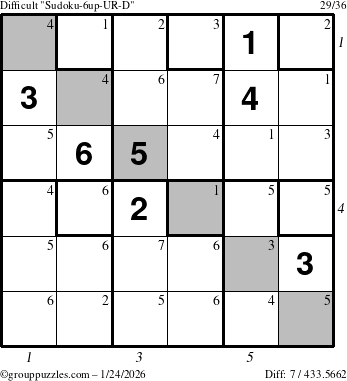 The grouppuzzles.com Difficult Sudoku-6up-UR-D puzzle for Saturday January 24, 2026, suitable for printing, with all 7 steps marked